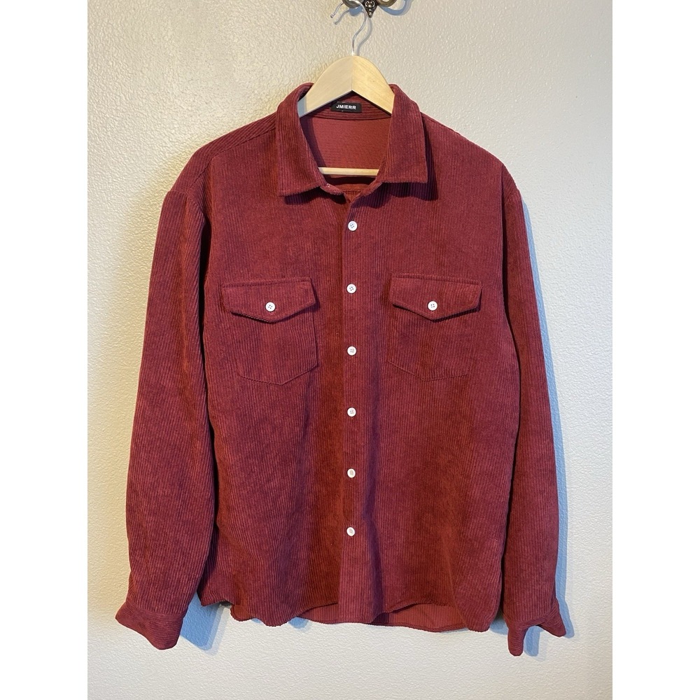 JMIERR Men's Red Corduroy Button-Up Shirt Pockets Polyester Long Sleeve L